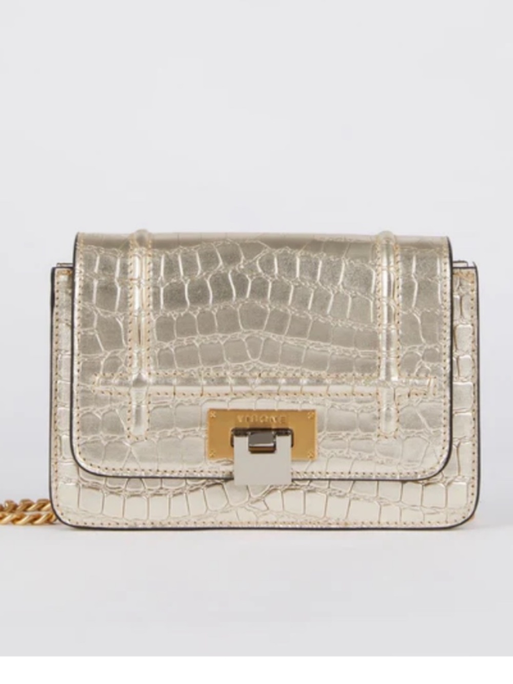 Visone Lizzy Leather Metallic Gold Croc-Embossed Shoulder Bag